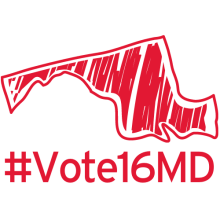 Outline of Maryland, colored in UMD red, with the text #Vote16MD